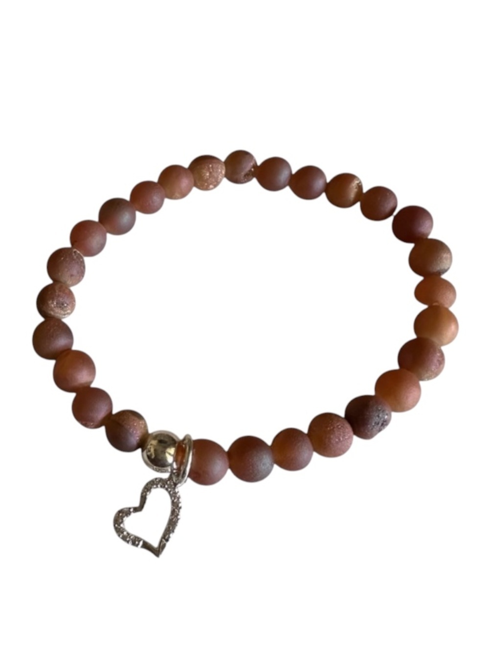 Classic Peach Druzy 6mm Stretch Bracelet Silver Pave Heart Charm